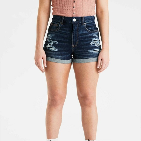 American Eagle Shortie Denim Shorts Blue Hi Rise Distressed AEO - Picture 2 of 8